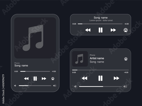 Set of music player interface mockup. Steaming music and sound player mockups from small to big. 