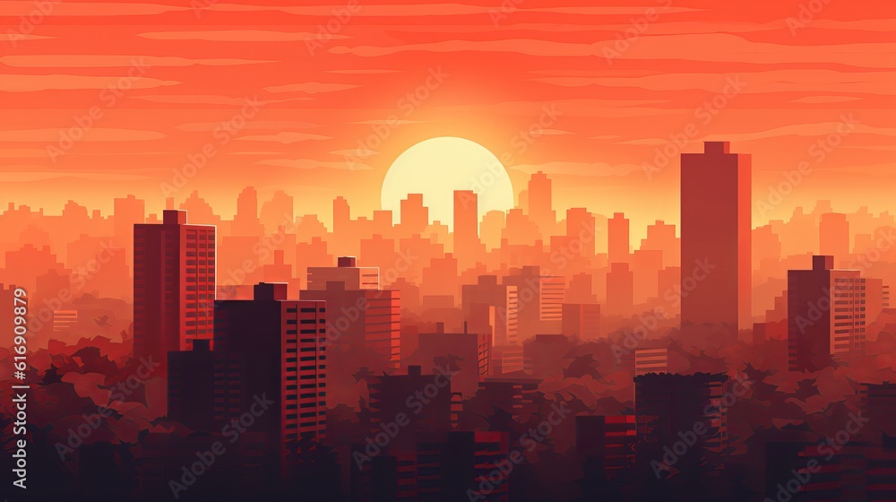 Sunset City: A minimalist cityscape with a setting sun casting a warm glow, alluding to the effects of a warming climate on urban areas | generative ai