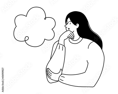 A girl thinking confused woman holds her chin outline black and white vector illustration