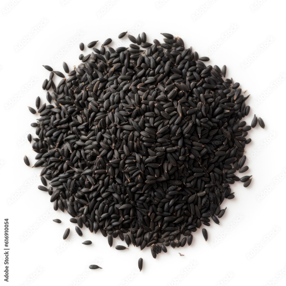 Black cumin Nigella seeds isolated on white background. Generative AI Black cumin Nigella seeds isolated on white background. Generative AI