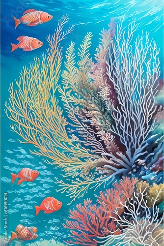 tropical coral reef with fish under the sea illustration, AI generative