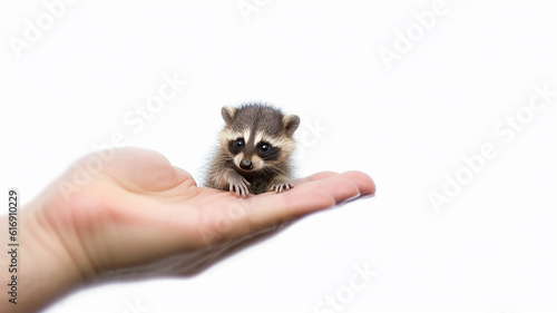 the smallest raccoon in the palm of your hand. generative AI. the concept of nature protection on a white background © kichigin19