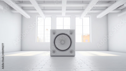 acoustic speaker in an empty white room concept pure sound music. Generative AI