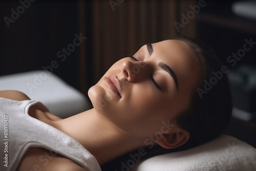 portrait of young woman lying on massage couch in spa beauty salon. Generative AI