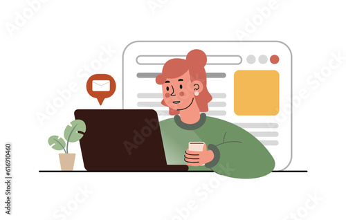 Young female working on laptop, holding mobile phone and reading email. Freelancer working at home. Modern convenient workplace. Benefits of remote job. Vector flat illustration in green colors