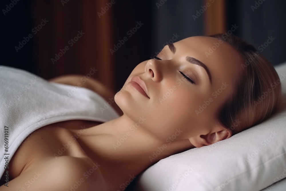 young woman on couch in spa salon for massage and beauty treatments. Generative AI young woman on couch in spa salon for massage and beauty treatments. Generative AI