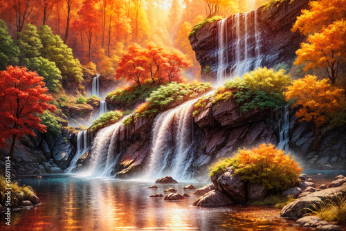 Nature landscape waterfall background, painting, Generative AI illustrations