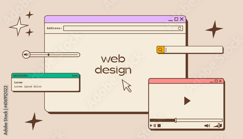 Web UI UX design. Web design concept banner in retro style. Studio prototyping or coding web page or mobile app. Online application design, coding, programming and web building. Vector illustration.