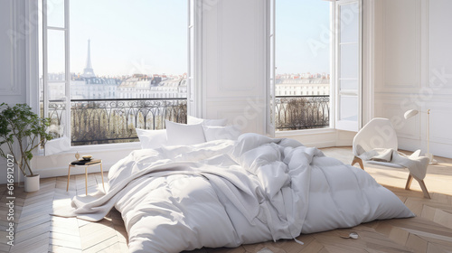 white down comforter on luxury bed in front of balcony