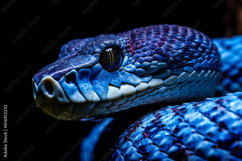 Close up detailed portrait ofblue vipet snake in nature. AI generated. Close up detailed portrait ofblue vipet snake in nature. AI generated.
