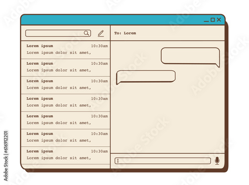Aesthetic design for messenger app with vintage nostalgic UI. Bubble speech with place for text, voice and media sharing. Retro computer interface. Vector flat illustration.