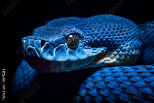 Close up detailed portrait ofblue vipet snake in nature. AI generated.
