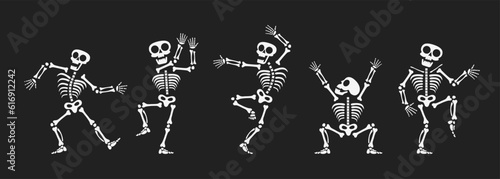 Skeletons dancing with different positions flat style design vector illustration set. Funny dancing Halloween or Day of the dead skeletons collection. Creepy, scary human bones characters silhouettes.