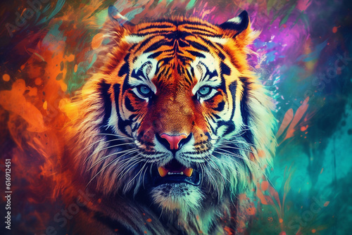 Vibrant and bright and colorful animal portrait poster. AI generated