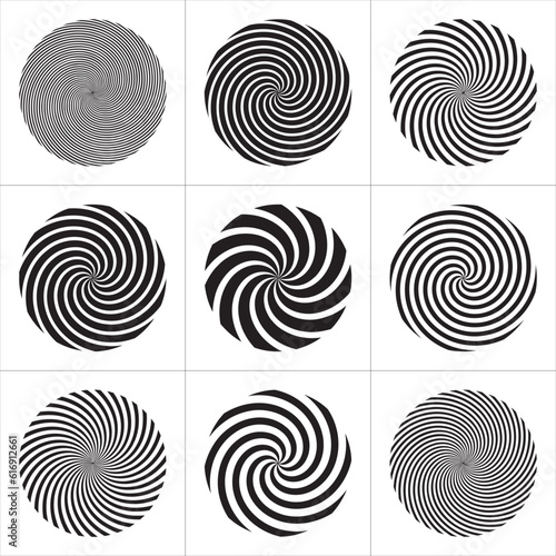 Hypnotics circles. Black and white strips are twirled. Set of nine hypnotic circles. Vector drawing