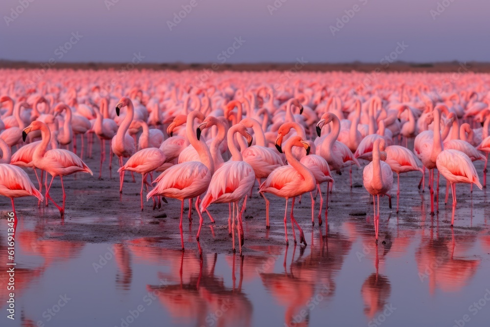 Naklejka premium Huge flock of pink flamingos