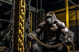 Gorilla working out in gym with heavy weights. Generative AI