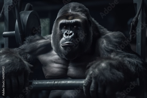 Gorilla working out in gym with heavy weights. Generative AI 8