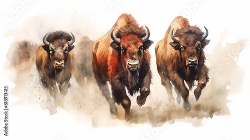 watercolor drawing of a group of bulls running on a white background. Generative AI © kichigin19