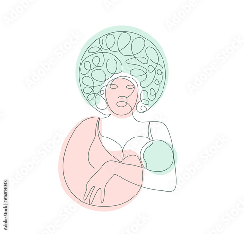 Breastfeeding  African American Mother holding Baby in her arms in Lineart style. Woman Breast Feeding her newborn child. Line Art Vector illustration
