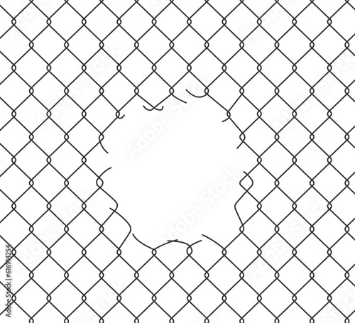 Broken wire mesh fence. Rabitz or chain link fence with cut hole. Torn wire pirson mesh texture. Cut metal lattice grid. Vector illustration isolated on white background.