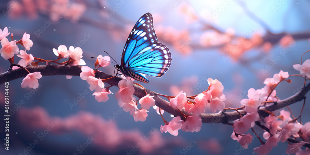 Stunning Blossoming Sakura and Blue Morpho Butterfly" "Vibrant Sakura