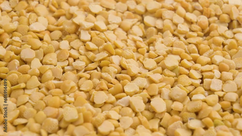 Dried crushed yellow fava beans. Shredded uncooked legumes close up. Rotation Dried crushed yellow fava beans. Shredded uncooked legumes close up. Rotation