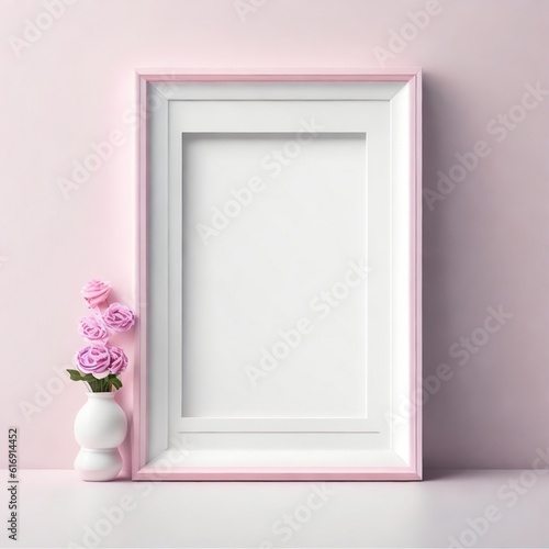 photo frame on pink wall with vase