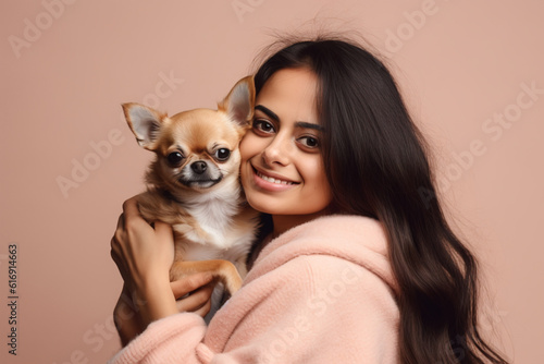 Young happy woman holding Chihuahua lap dog in front of one colored studio background.