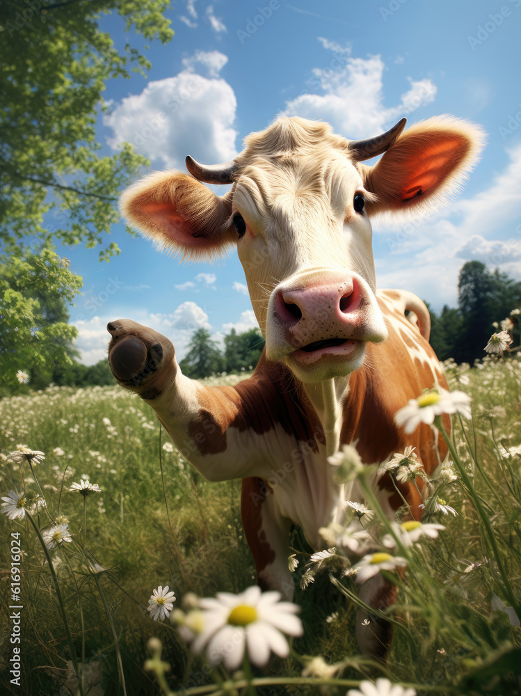 Happy cute cow on a summer day