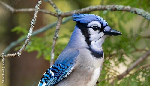 Views from a distance and up close and personal of a vibrant Blue Jay perched on a tree