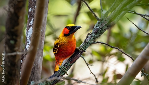 A wide angle and close-up front view of a colorful Flame Bowerbird sitting on a tree