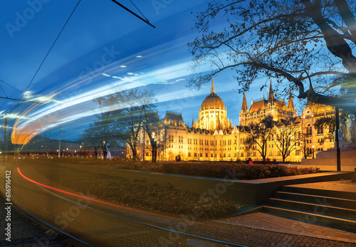 Photography Parliament building at night with light trail