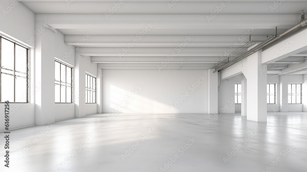 white loft-style room. Generative AI. empty space new empty attic apartment. white loft-style room. Generative AI. empty space new empty attic apartment.