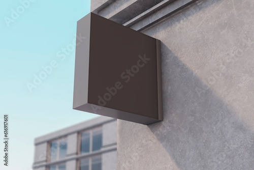 Empty square black stopper on concrete building. Ad and sign concept. Mock up, 3D Rendering. photo