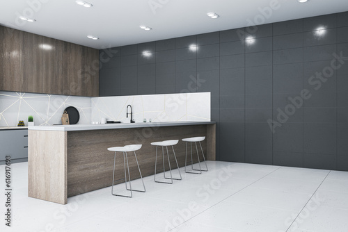 Perspective view of modern kitchen interior design with wooden and dark grey walls and tiles floor. 3D Rendering
