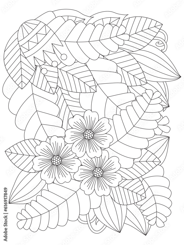 Floral doodle pattern in black and white for coloring. Coloring pages for adult. Vector doodle flowers in black and white. Floral pattern.