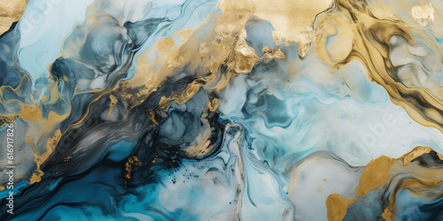 Abstract blue, gold and white alcohol ink art background. 