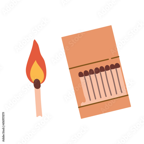 Isolated burn matchstick with flame and opened matchbox in flat style on white background