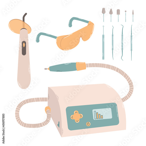 Set of different devices, instruments, protective glasses for nail treatments. Design products for podology and pedicure in colorful flat vector illustration.