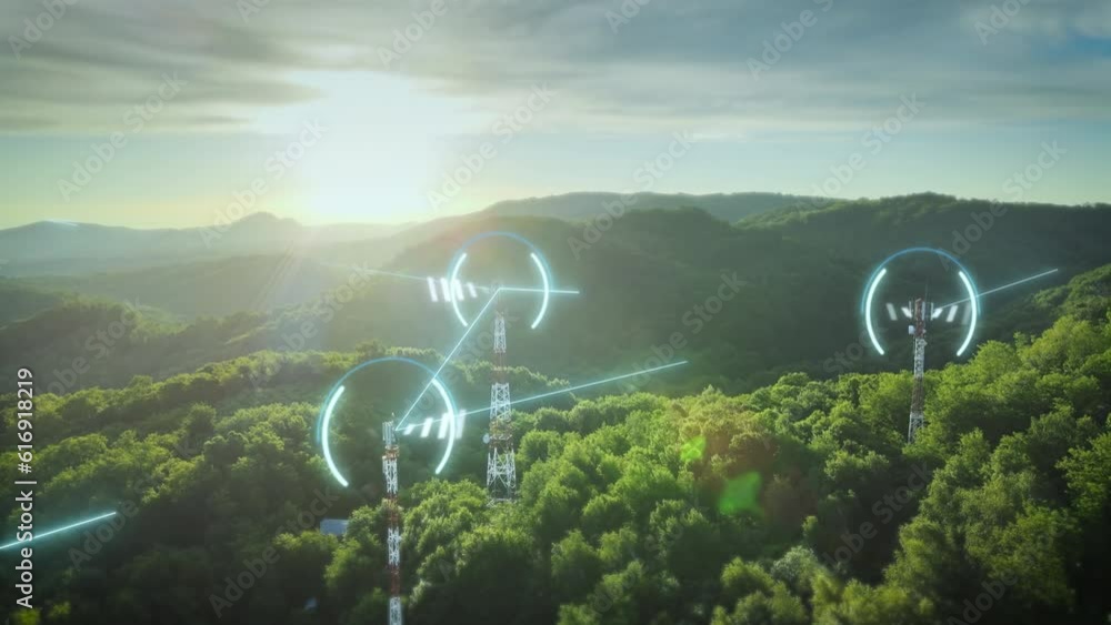 Telecommunication towers in green clean forest area exchange network data through glowing lines
