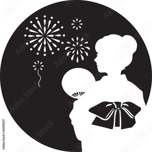 夏　浴衣　女性　シルエット　お祭り　花火　手描き　切絵　影絵　和風　背景　イラスト素材　モノクロ