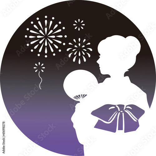 夏　浴衣　女性　シルエット　お祭り　花火　手描き　切絵　影絵　和風　背景　イラスト素材