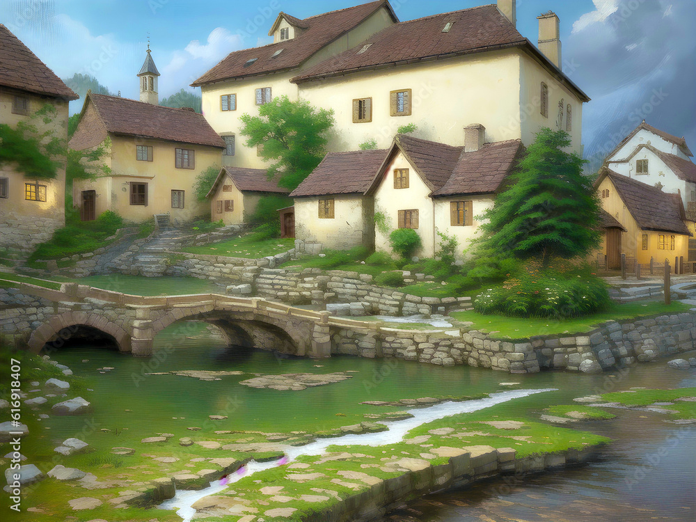 European village from 17th century, Oil-Paint Effect, Generative AI Illustration