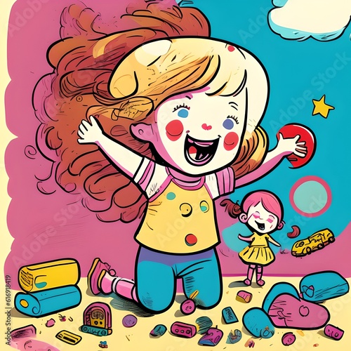 Cheerful Little Girl Playing with Toys  Cartoon Drawing  Generative AI Illustration