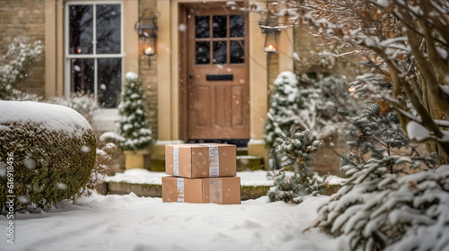 Christmas gifts delivery, postal service and holiday presents online shopping, wrapped parcel boxes on a country house doorstep in a snowing winter, generative ai