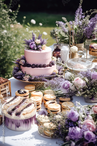 Wedding cake with lavender floral decor  party celebration and holiday dessert in a countryside garden  event food catering  country cottage style  generative ai