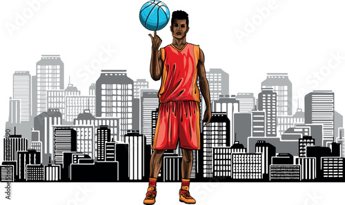 vector illustration of Basket player on city in background