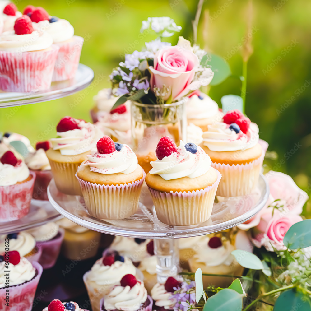 Cupcakes, cakes, scones and muffins and holiday decoration outdoors at the English country style garden, sweet desserts for wedding, birthday or party celebration, generative ai