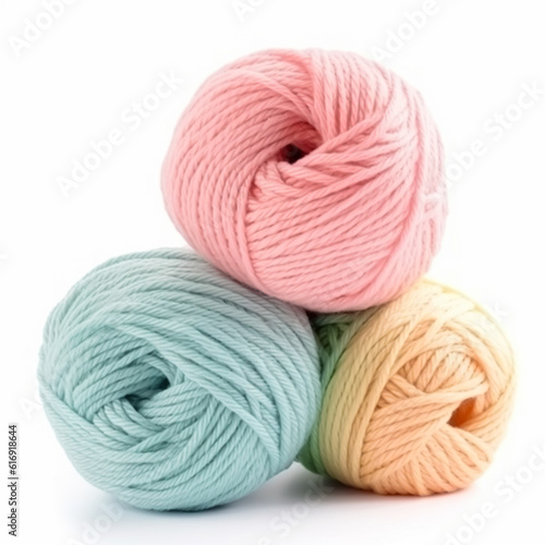 Yarn balls for knitting and crochet isolated on white background, cotton wool clews and skeins as natural organic material for knitwear, diy handmade fashion, generative ai